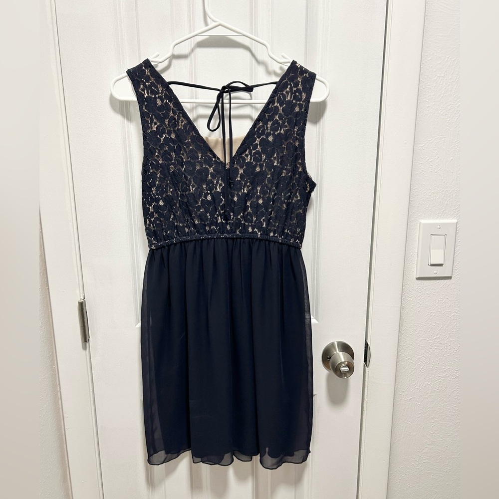 Sweet Storm Navy and Tan Lace Midi Dress - Picture 3 of 6